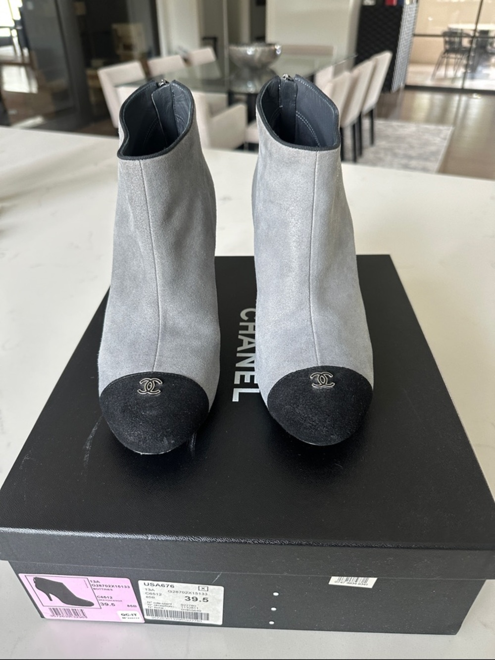 CHANEL Gray Suede Ankle Booties with Black Cap Toe - Picture 3 of 8